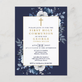 Navy Blue Boho Blommig Första Kommunion Inbjudan