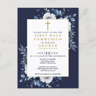 Navy Blue Boho Blommig Första Kommunion Inbjudan