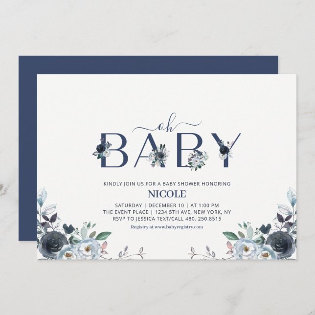 Navy Blue Boho Blommigt Boy Shower Inbjudningar (Fram/baksida)