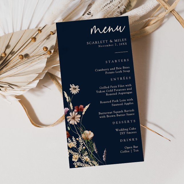 Navy Blue Boho Blommigt Bröllop Menu Meny (Skapare uppladdad)