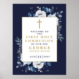 Navy Blue Boho Blommigt Heliga Communion Välkomstt Poster