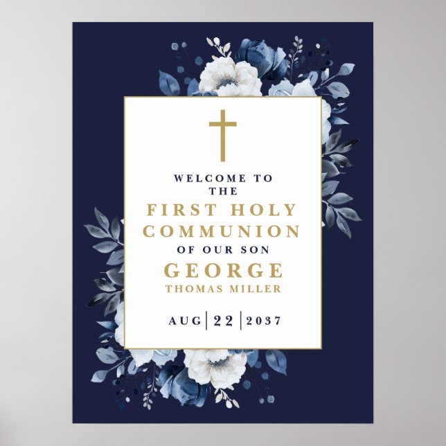 Navy Blue Boho Blommigt Heliga Communion Välkomstt Poster (Framsidan)