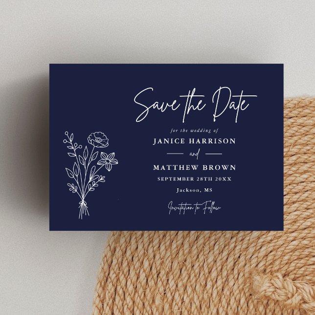 Navy Blue Boho Minimalistiska Botaniska Foto Bröll Spara Datumet (Navy blue boho botanical photo save the date adds refined elegance while announcing your wedding.)