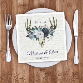 Navy Blue Boho Tribal Watercolor Blommigt Bröllop  Pappersservett