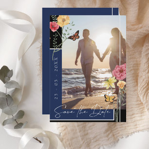 Navy Blue Boho Vildblomma Foto Spara Datum Datumet