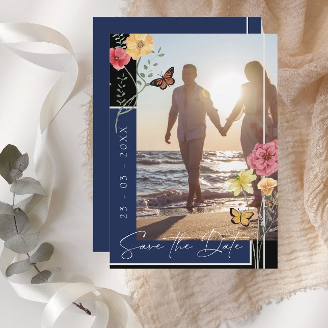 Navy Blue Boho Vildblomma Foto Spara Datum Datumet (Skapare uppladdad)