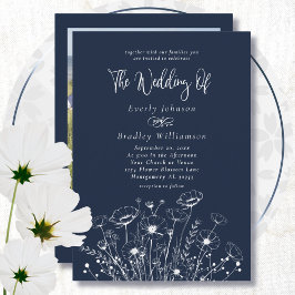 Navy Blue Boho Wildblomal Minimal Blommigt Bröllop Inbjudningar