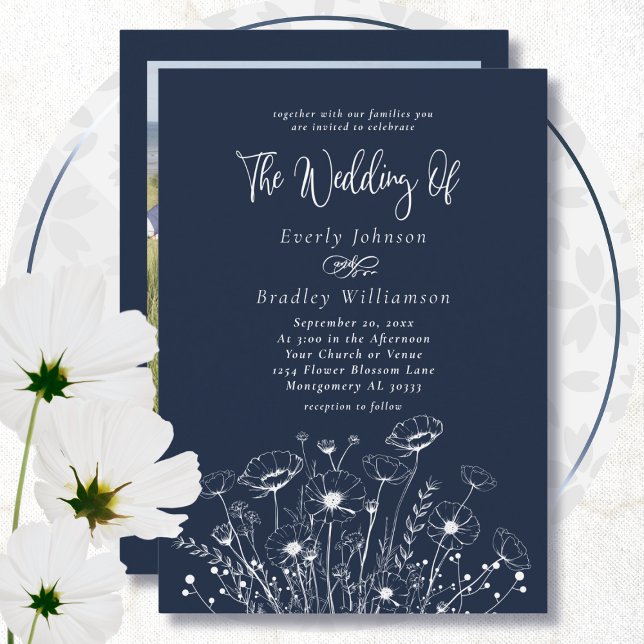 Navy Blue Boho Wildblomal Minimal Blommigt Bröllop Inbjudningar (Skapare uppladdad)