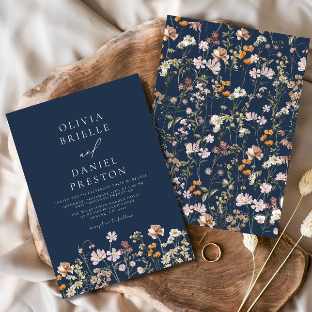 Navy Blue Boho Wildblommor Garden WedWedding Inbjudningar (Skapare uppladdad)