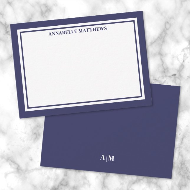 Navy Blue Border Minimalist Name Monogram Anteckningskort (Navy Blue Border Minimalist Name Monogram Note Card)