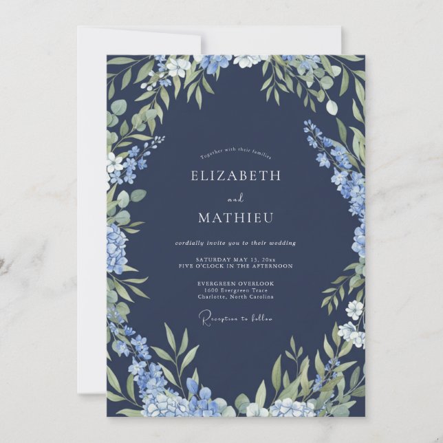 Navy Blue Botanical Embrace Bröllop Inbjudningar (Framsida)