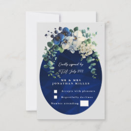 Navy Blue Botanical Floral Wedding RSVP OSA Kort