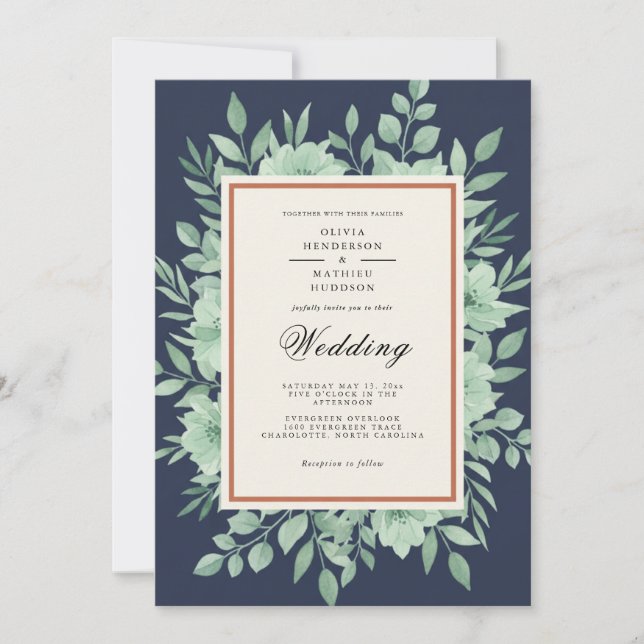 Navy Blue Botanical Spring Wedding Inbjudningar (Framsida)