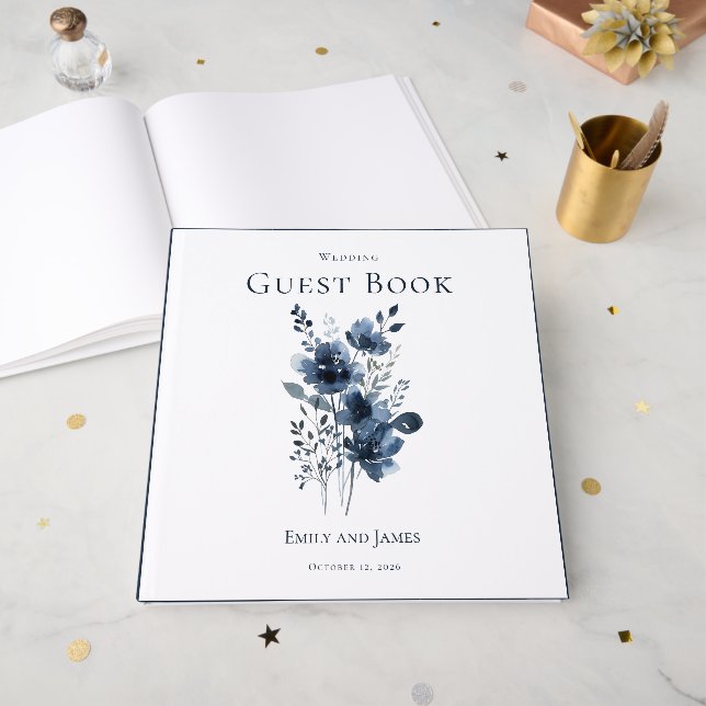 Navy Blue Botanical Wedding Gästböcker (Framsidan öppen)
