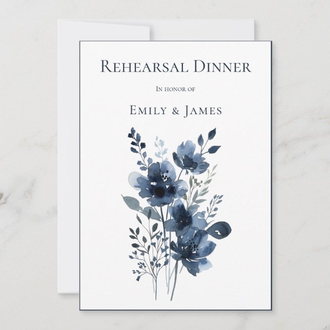 Navy Blue Botanical Wedding Inbjudningar (Framsida)