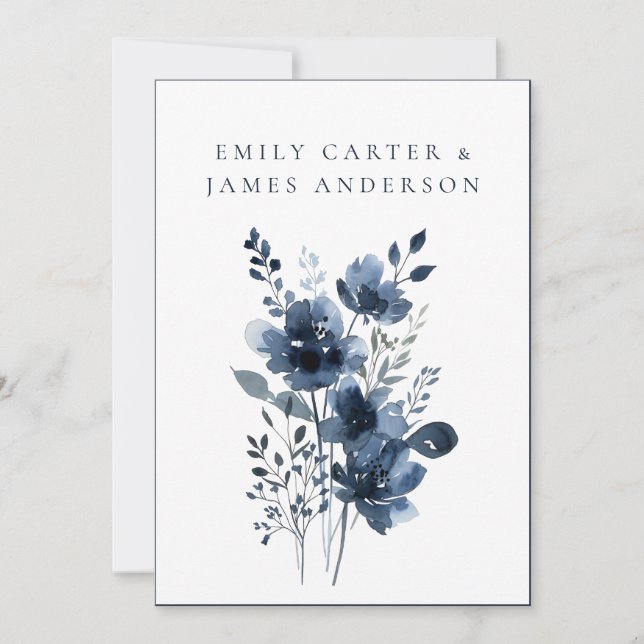 Navy Blue Botanical Wedding Inbjudningar (Framsida)