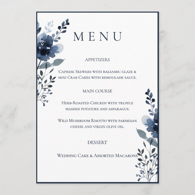 Navy Blue Botanical Wedding Menu Meny (Framsida)