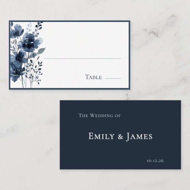 Navy Blue Botanical Wedding Placeringskort (Fram/baksida)