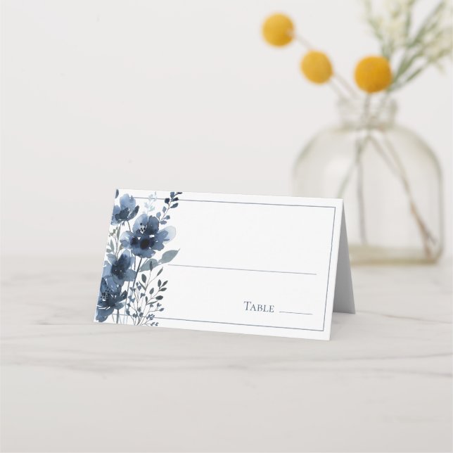 Navy Blue Botanical Wedding Placeringskort (Framsida)