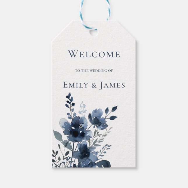 Navy Blue Botanical Wedding Presentetikett (Framsidan)