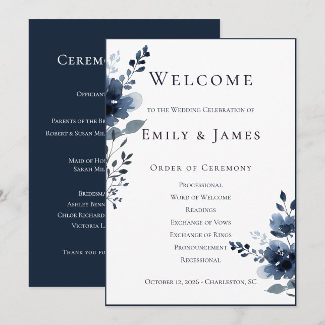 Navy Blue Botanical Wedding Program (Fram/baksida)