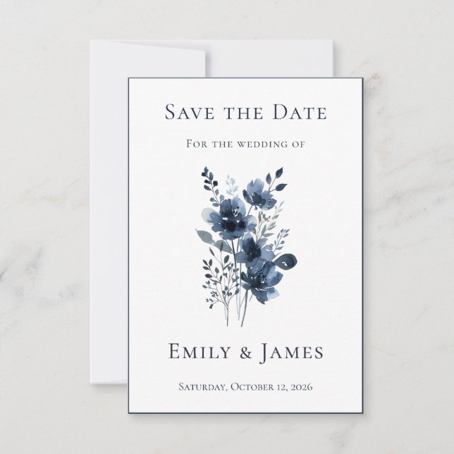 Navy Blue Botanical Wedding Spara Datumet (Framsida)