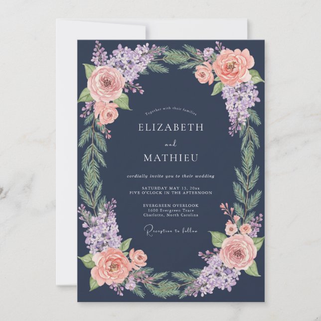 Navy Blue Botanical Winter Wedding Inbjudningar (Framsida)