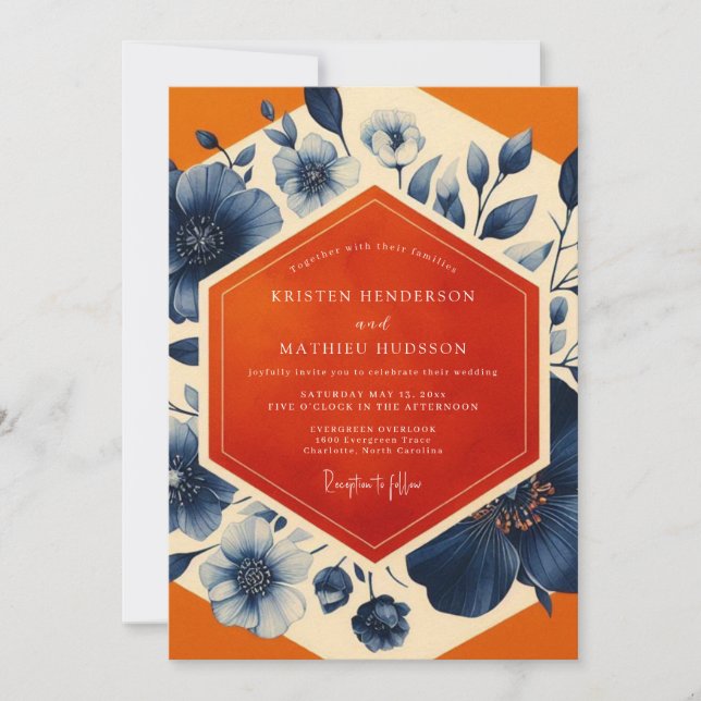 Navy Blue Botanisk Romantisk Bröllop Inbjudningar (Framsida)