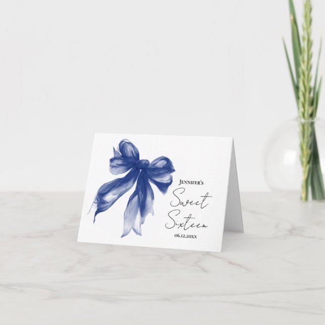Navy Blue Bow Coquette Script Sweet 16 Thank You  Tack Kort (Framsida)