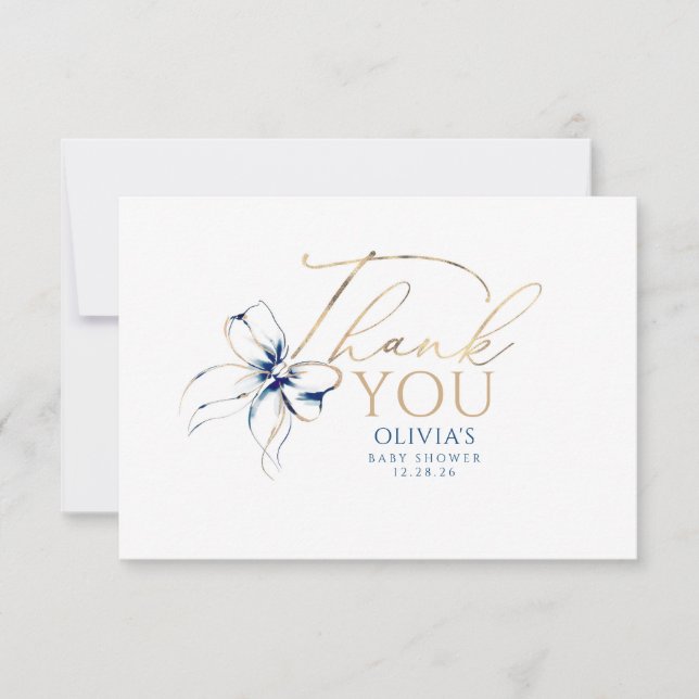 Navy Blue Bow Elegant Calligraphy Thank You Tack Kort (Framsida)