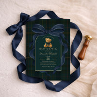 Navy Blue Bow Plaid Teddybjörn Pojke Baby Shower