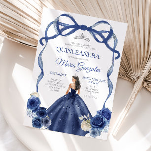 Navy Blue Bow Princess Silver Krona Quinceañera Inbjudningar