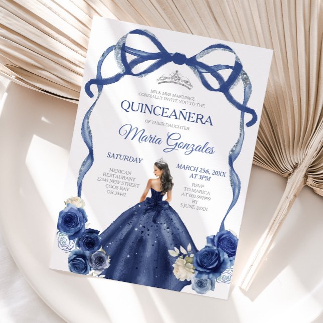 Navy Blue Bow Princess Silver Krona Quinceañera Inbjudningar (Skapare uppladdad)