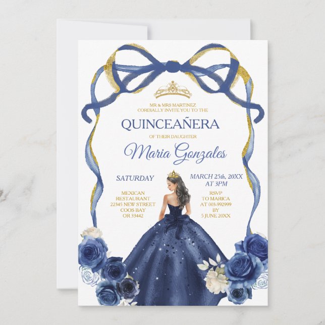 Navy Blue Bow Prinsessa Guld Krona Quinceañera Inbjudningar (Framsida)