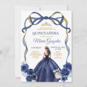 Navy Blue Bow Prinsessa Guld Krona Quinceañera Inbjudningar