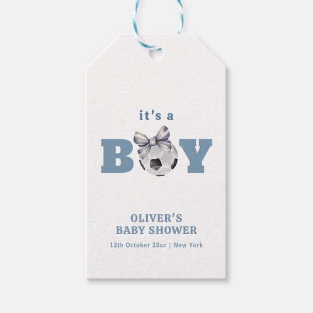 Navy Blue Bow Soccer Boy Thank You Baby Shower Presentetikett (Framsidan)