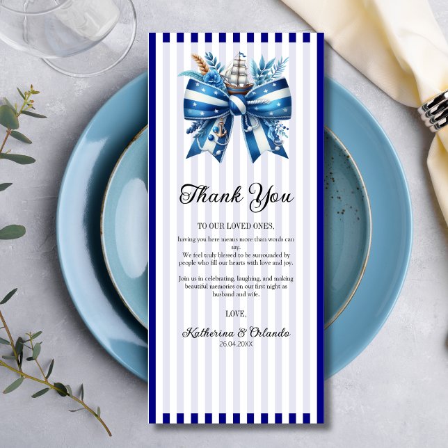 Navy Blue Bow Wedding Place Setting Thank You Card Program (Skapare uppladdad)