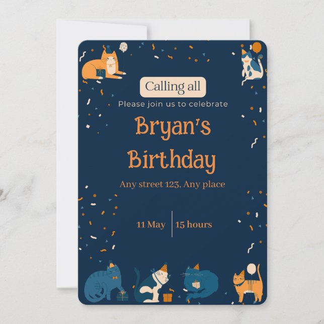 Navy Blue Boy Cat Invite Inbjudningar (Framsida)