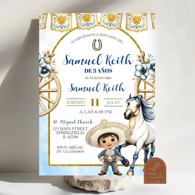 Navy Blue Boy Charro and Horse Presentacion de 3 a Inbjudningar (Skapare uppladdad)
