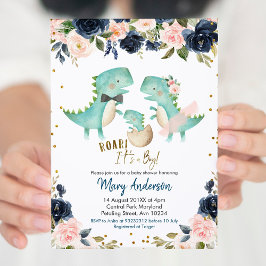 Navy Blue Boy Dinosaur lite Shower Inbjudan Roar