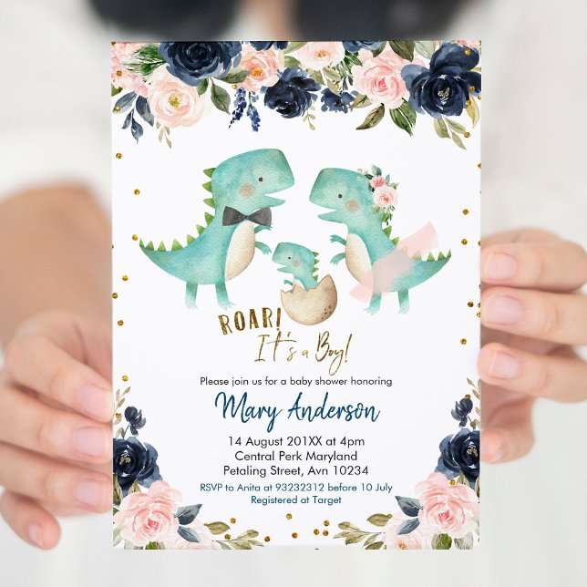 Navy Blue Boy Dinosaur lite Shower Inbjudan Roar (Skapare uppladdad)