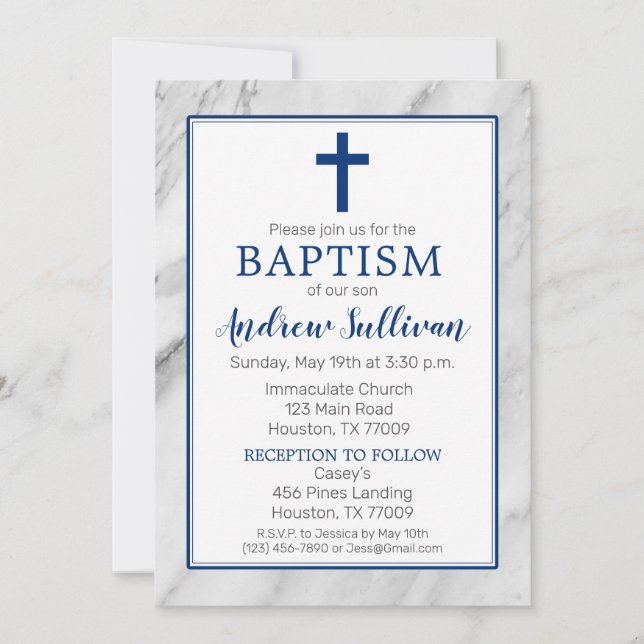 Navy Blue Boy Marble Baptism Inbjudningar (Framsida)