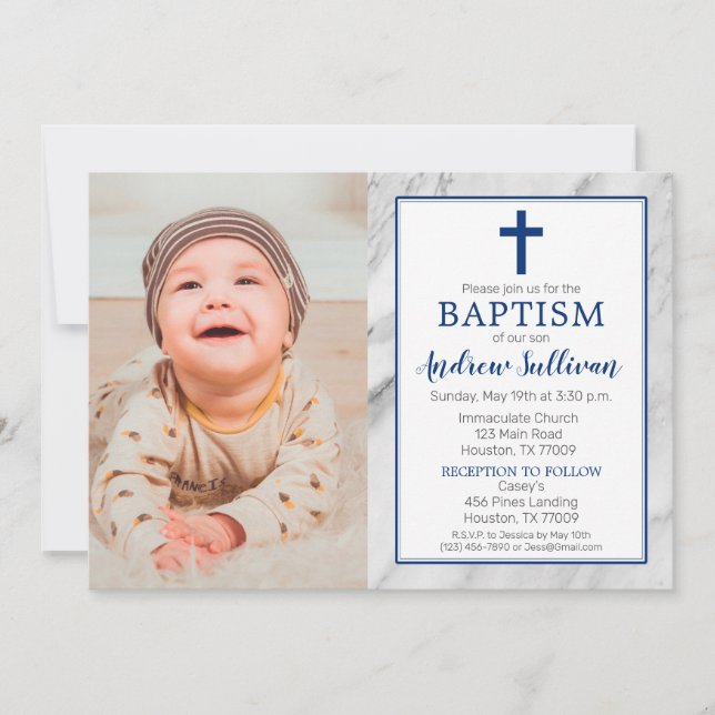 Navy Blue Boy Marble Baptism Photo Inbjudningar (Framsida)