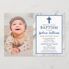 Navy Blue Boy Marble Baptism Photo Inbjudningar