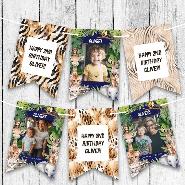 Navy Blue Boy Safari Jungle Photo Birthday Vimplar (Navy Blue Safari Animals Themed Any Age BIrthday Photo Bunting flags.)