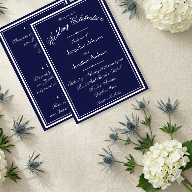 Navy Blue Bröllop All In One White Script WS RSVP Inbjudningar (Gorgeous, to set the tone.)
