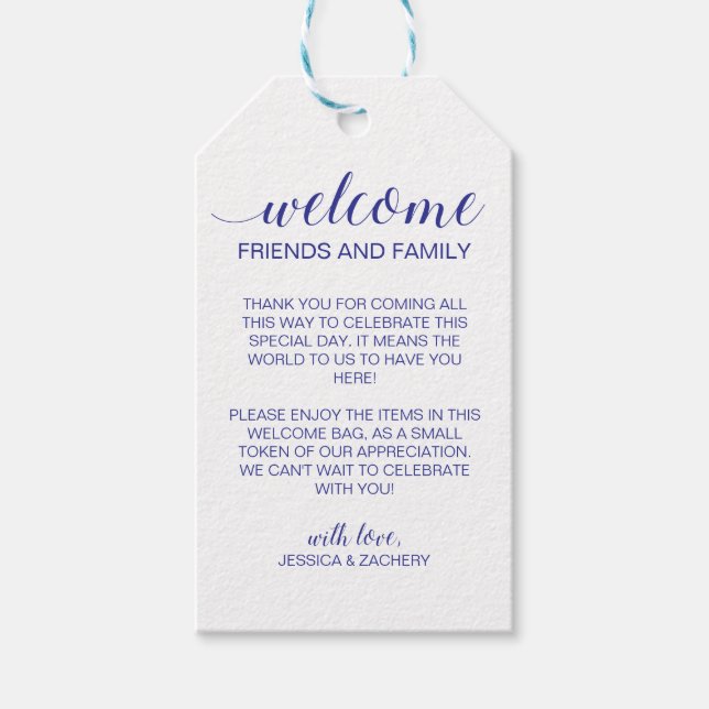 Navy Blue Bröllop Welcome Gift Basket Bag Presentetikett (Framsidan)