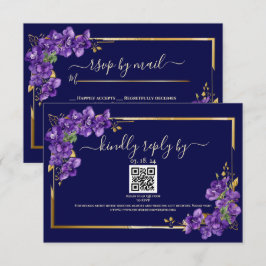 Navy Blue Bröllops RSVP Violetter Guld Ram OSA Kort