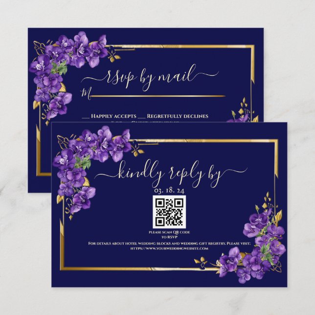 Navy Blue Bröllops RSVP Violetter Guld Ram OSA Kort (Fram/baksida)