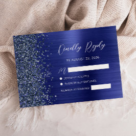 Navy Blue Brushed Metal Glitter Script Wedding OSA Kort